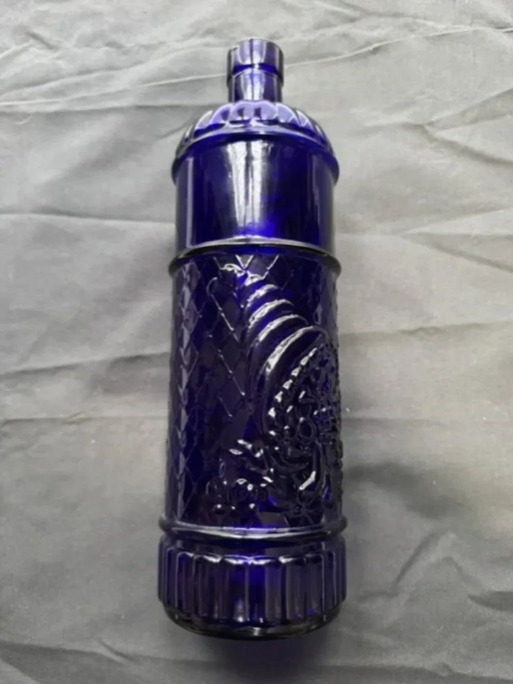 Vintage Cobalt Dark Blue Glass Embossed Bottle 11"  Cornucopia Design Home Decor